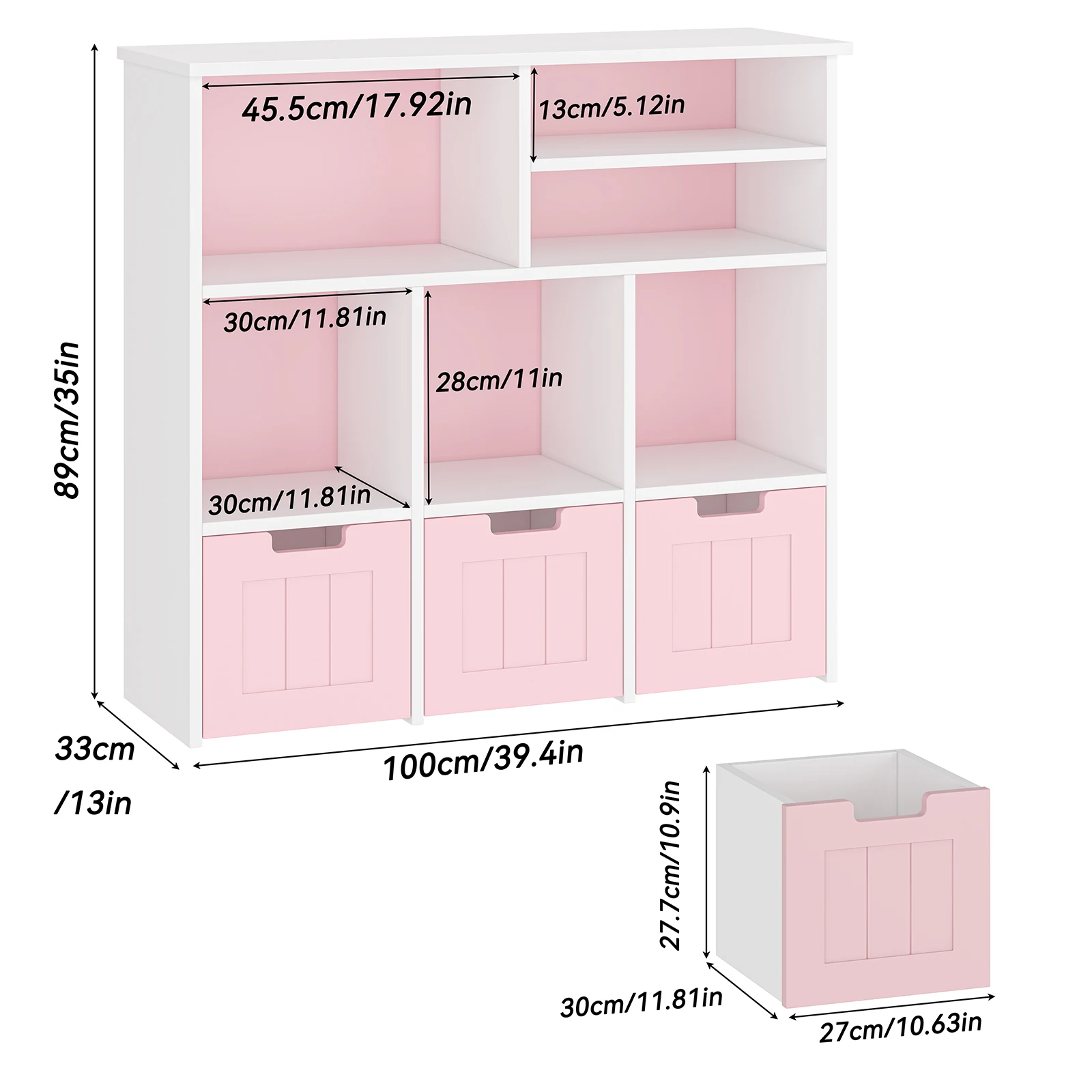 Toy Storage Cabinet with 3 Movable Drawers & 6Cubes, Children's Toy Shelf Kids Bookshelf with Hidden Wheels,Bookcase Toy Storage