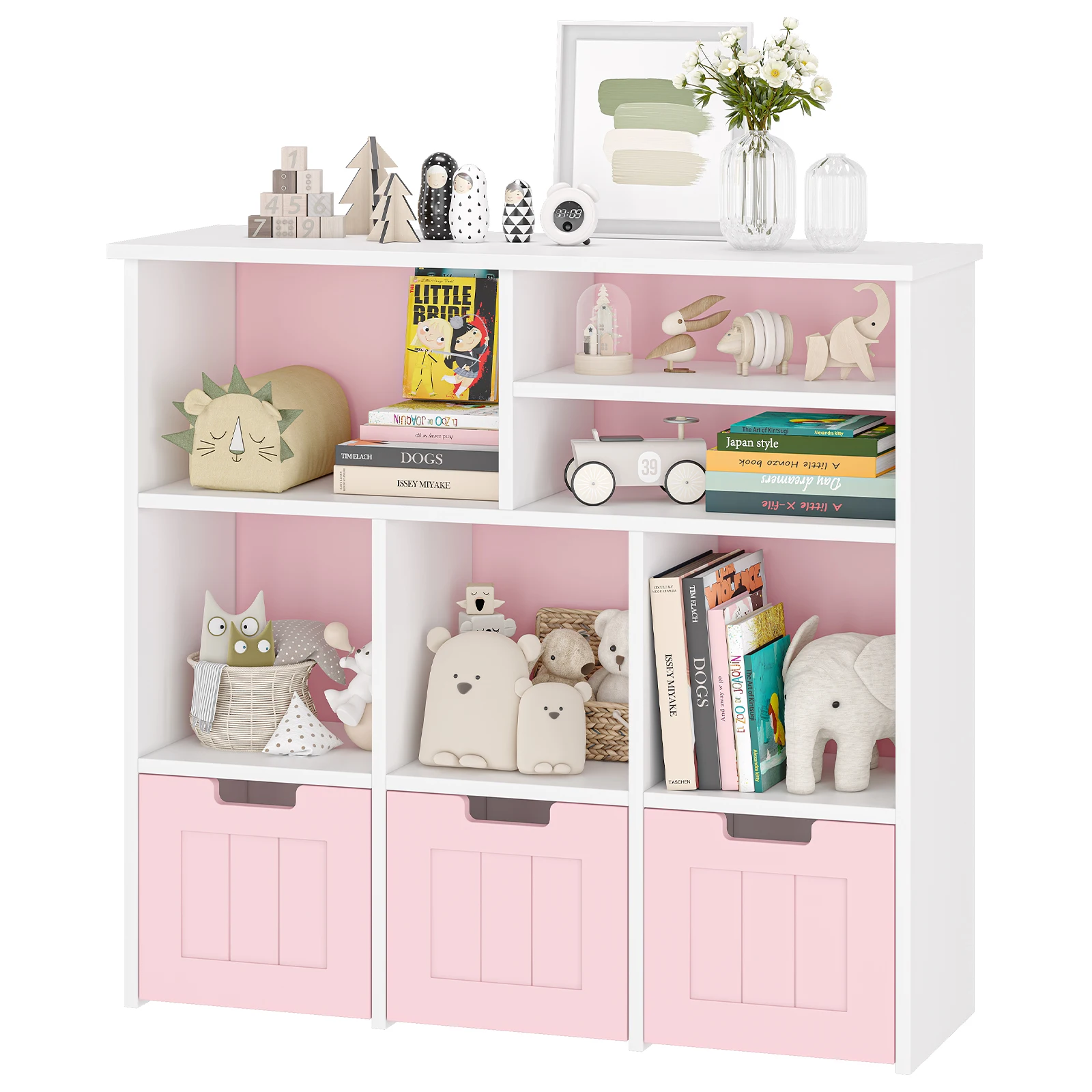 Toy Storage Cabinet with 3 Movable Drawers & 6Cubes, Children's Toy Shelf Kids Bookshelf with Hidden Wheels,Bookcase Toy Storage