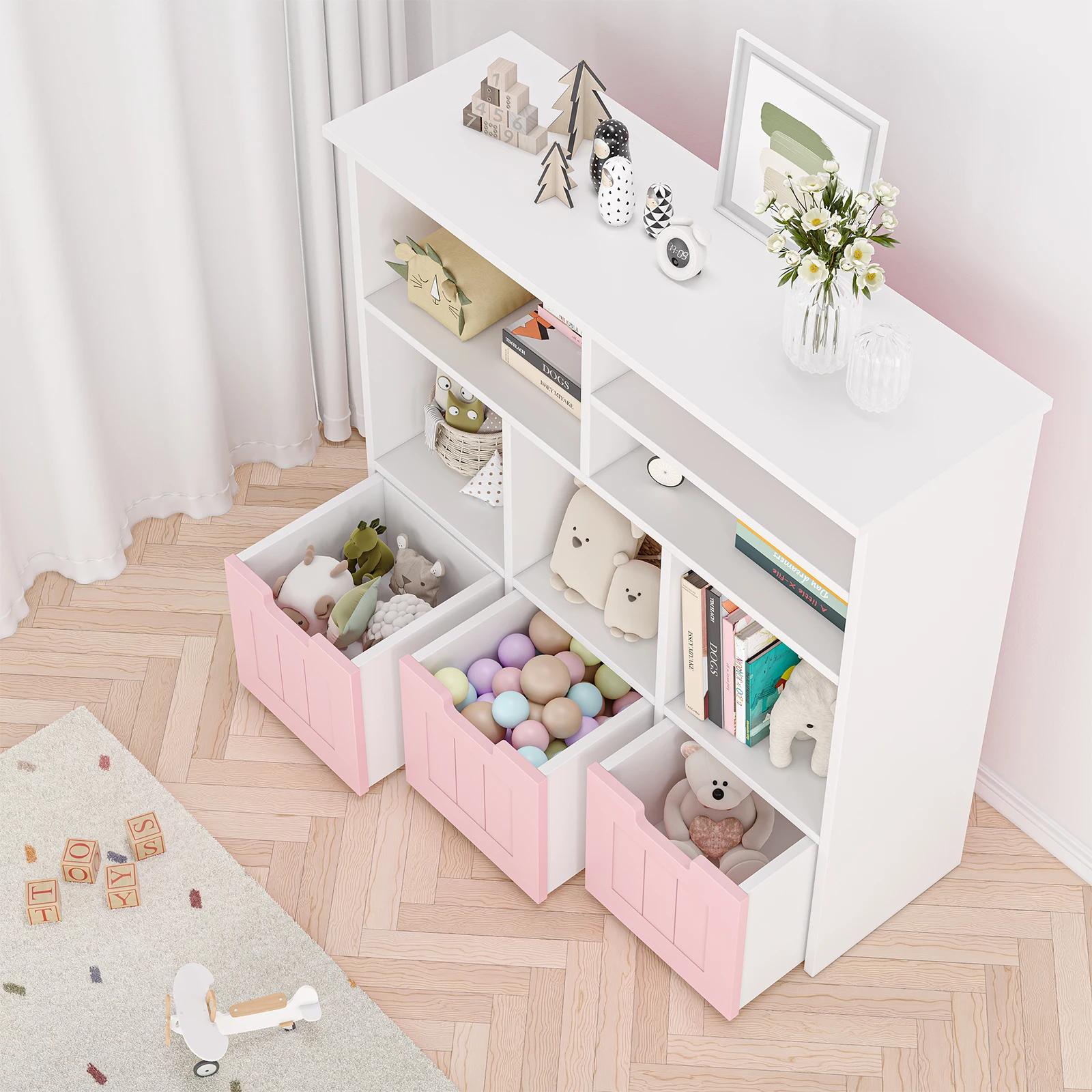 Toy Storage Cabinet with 3 Movable Drawers & 6Cubes, Children's Toy Shelf Kids Bookshelf with Hidden Wheels,Bookcase Toy Storage