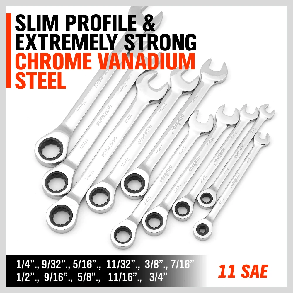 HORUSDY Ratcheting Wrench Set | 48-Piece | Cr-V Steel | 72 Teeth Ratchet Wrench 6-18mm & SAE 1/4-3/4" | with Roll Up Pouch