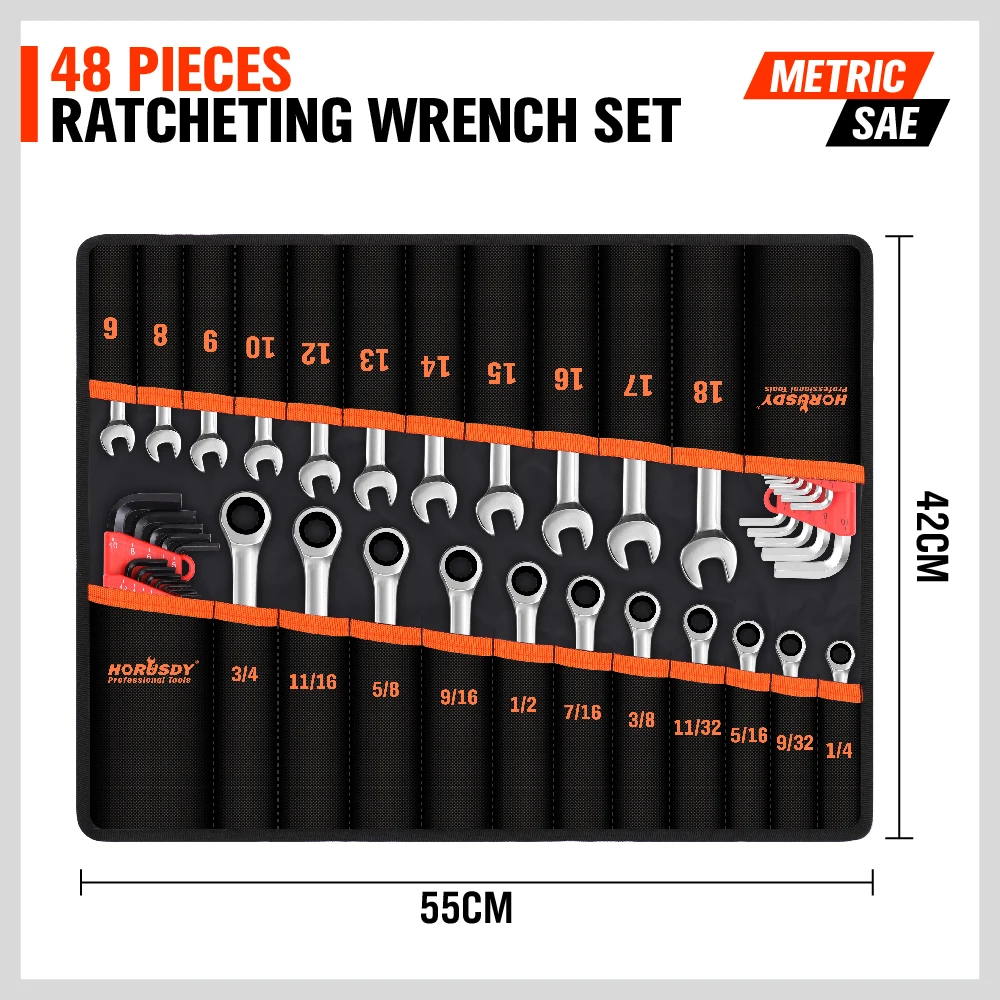 HORUSDY Ratcheting Wrench Set | 48-Piece | Cr-V Steel | 72 Teeth Ratchet Wrench 6-18mm & SAE 1/4-3/4" | with Roll Up Pouch