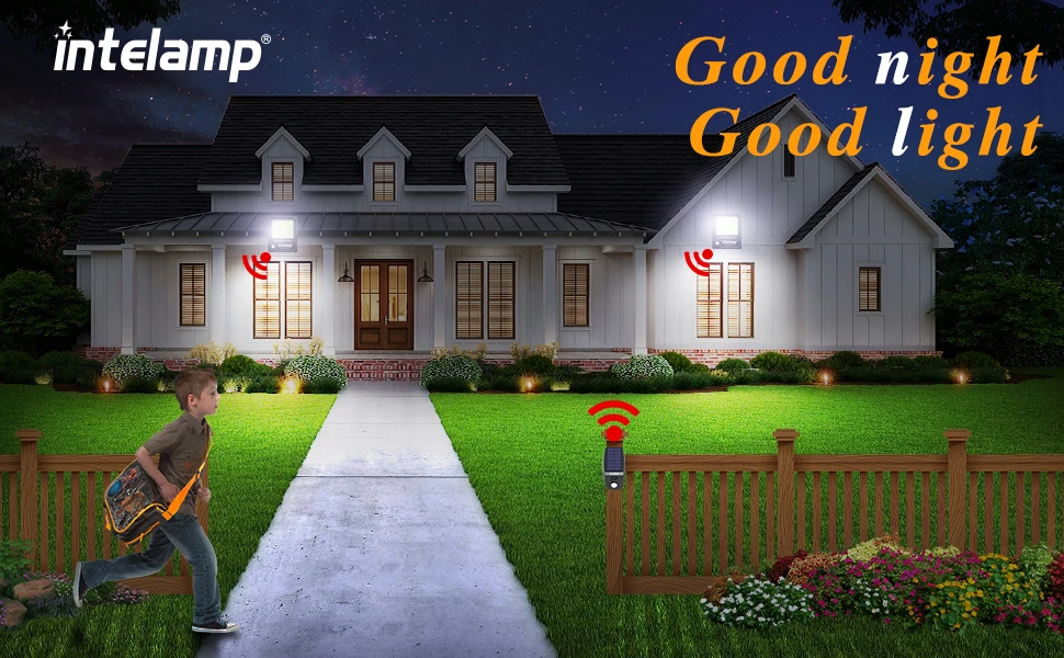 Intelamp 12000mah 3000LM Solar Lights Outdoor Lamp IP66 With Larger Solar Panel Two Motion Sensors For Garden Street Wall Yard