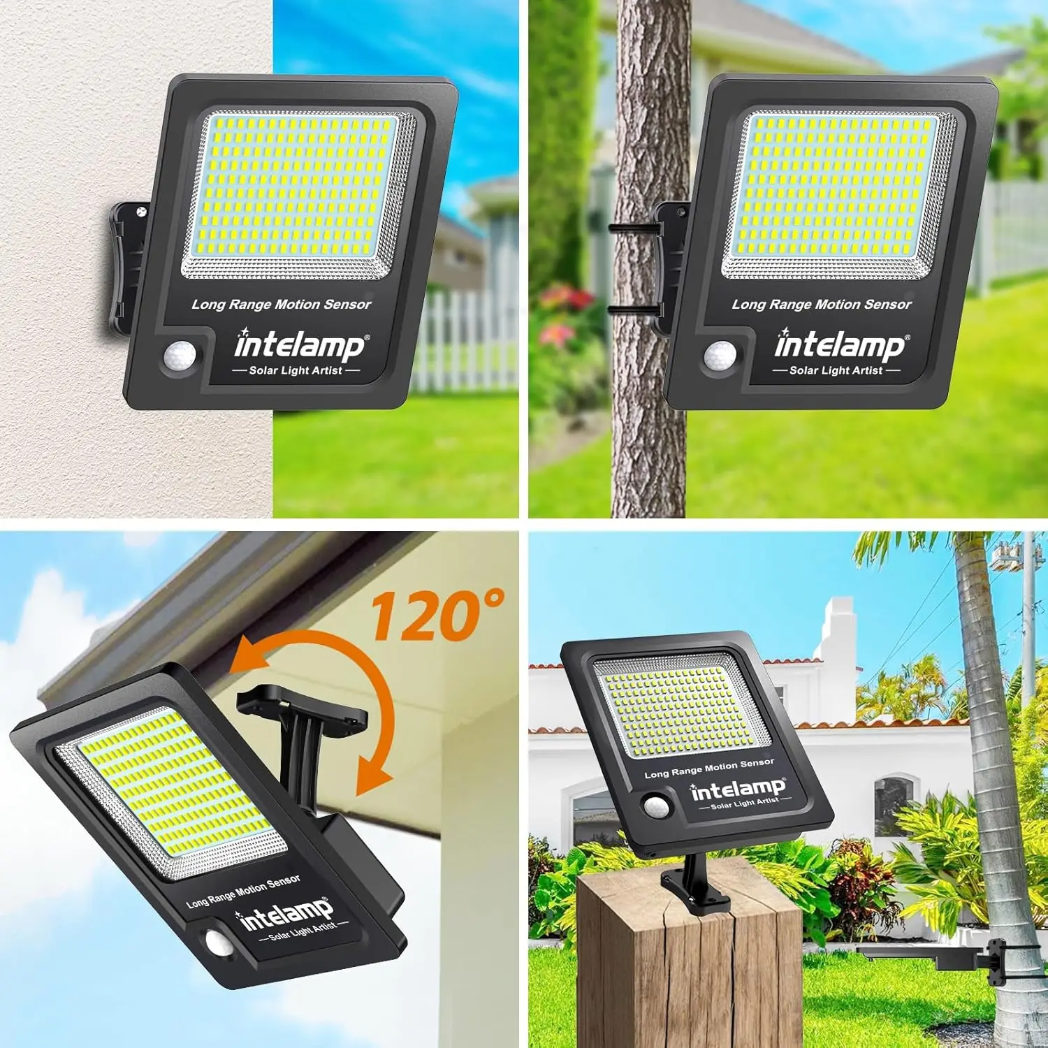 Intelamp 12000mah 3000LM Solar Lights Outdoor Lamp IP66 With Larger Solar Panel Two Motion Sensors For Garden Street Wall Yard