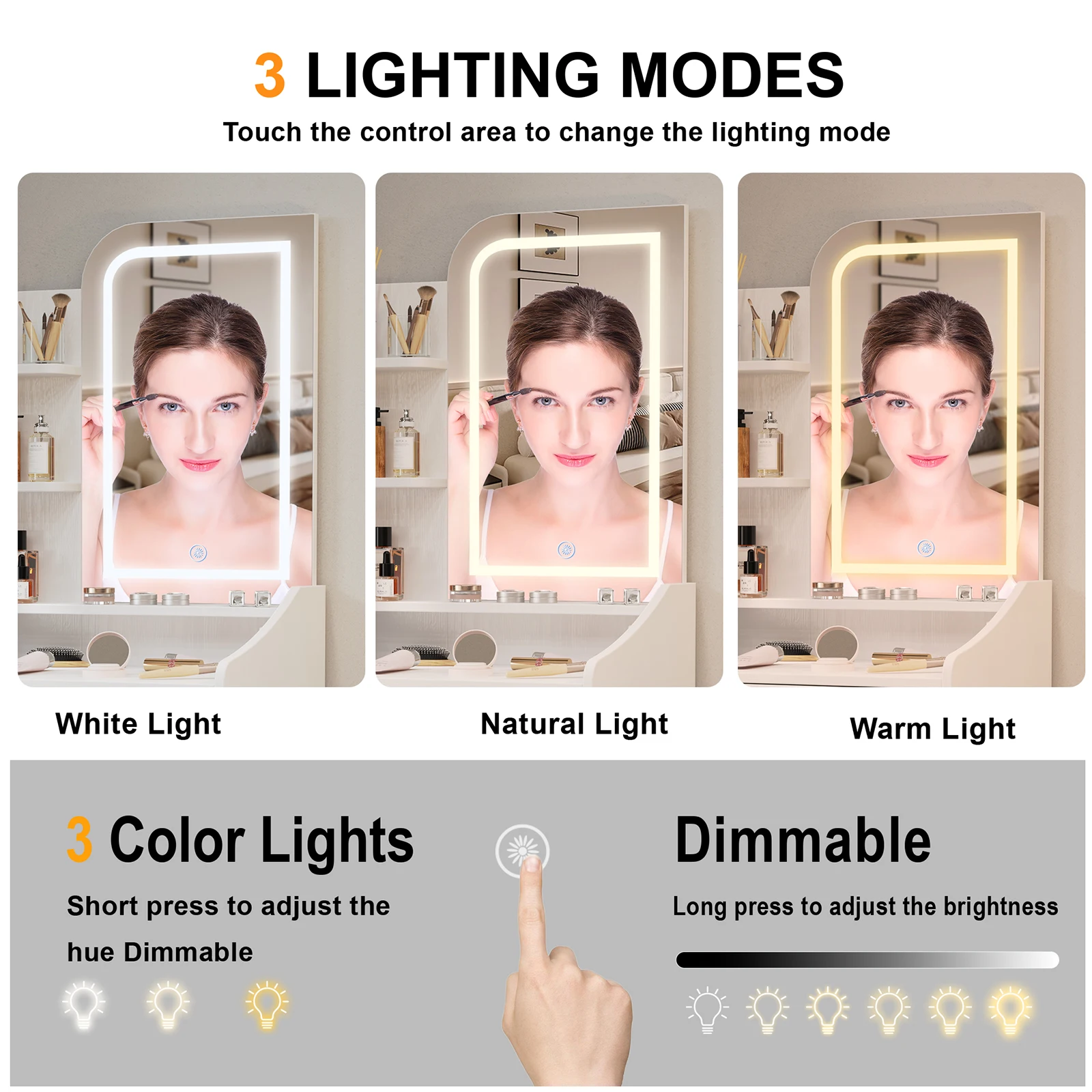 Teousev Black Modern Vanity Set with LED Bulbs Lighted Mirror, 1 Drawers, 3 Color Dimmable, Easy Assembly Bedroom Makeup Desk