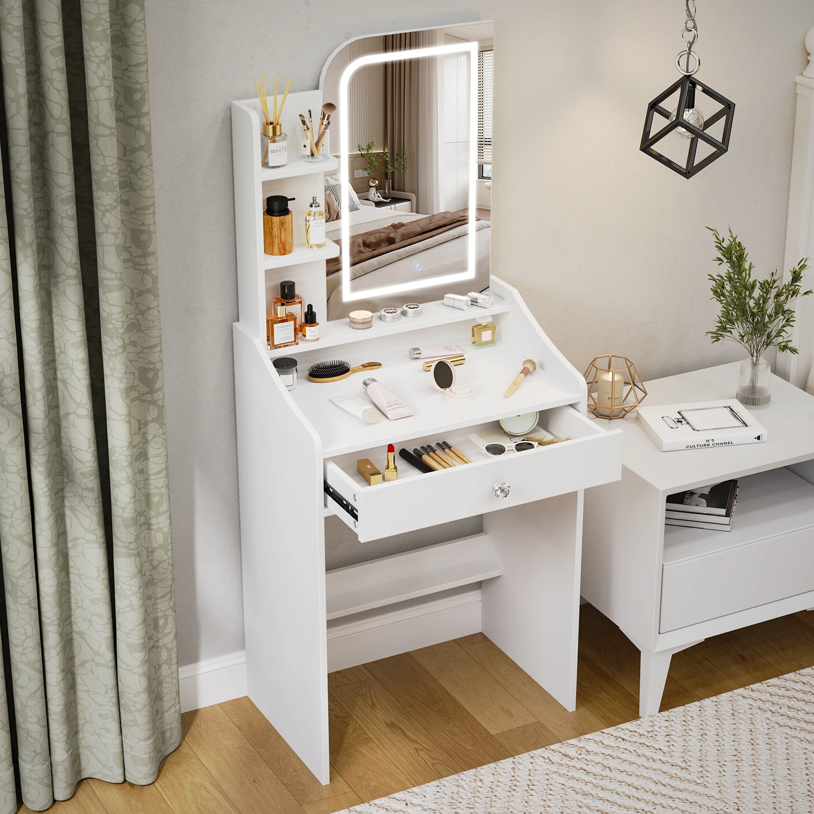 Teousev Black Modern Vanity Set with LED Bulbs Lighted Mirror, 1 Drawers, 3 Color Dimmable, Easy Assembly Bedroom Makeup Desk
