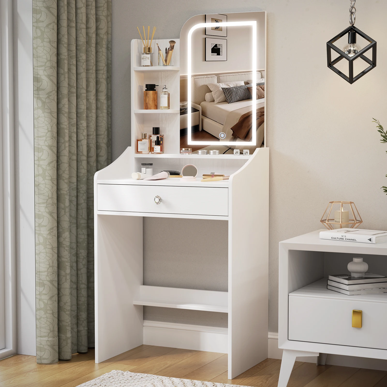 Teousev Black Modern Vanity Set with LED Bulbs Lighted Mirror, 1 Drawers, 3 Color Dimmable, Easy Assembly Bedroom Makeup Desk