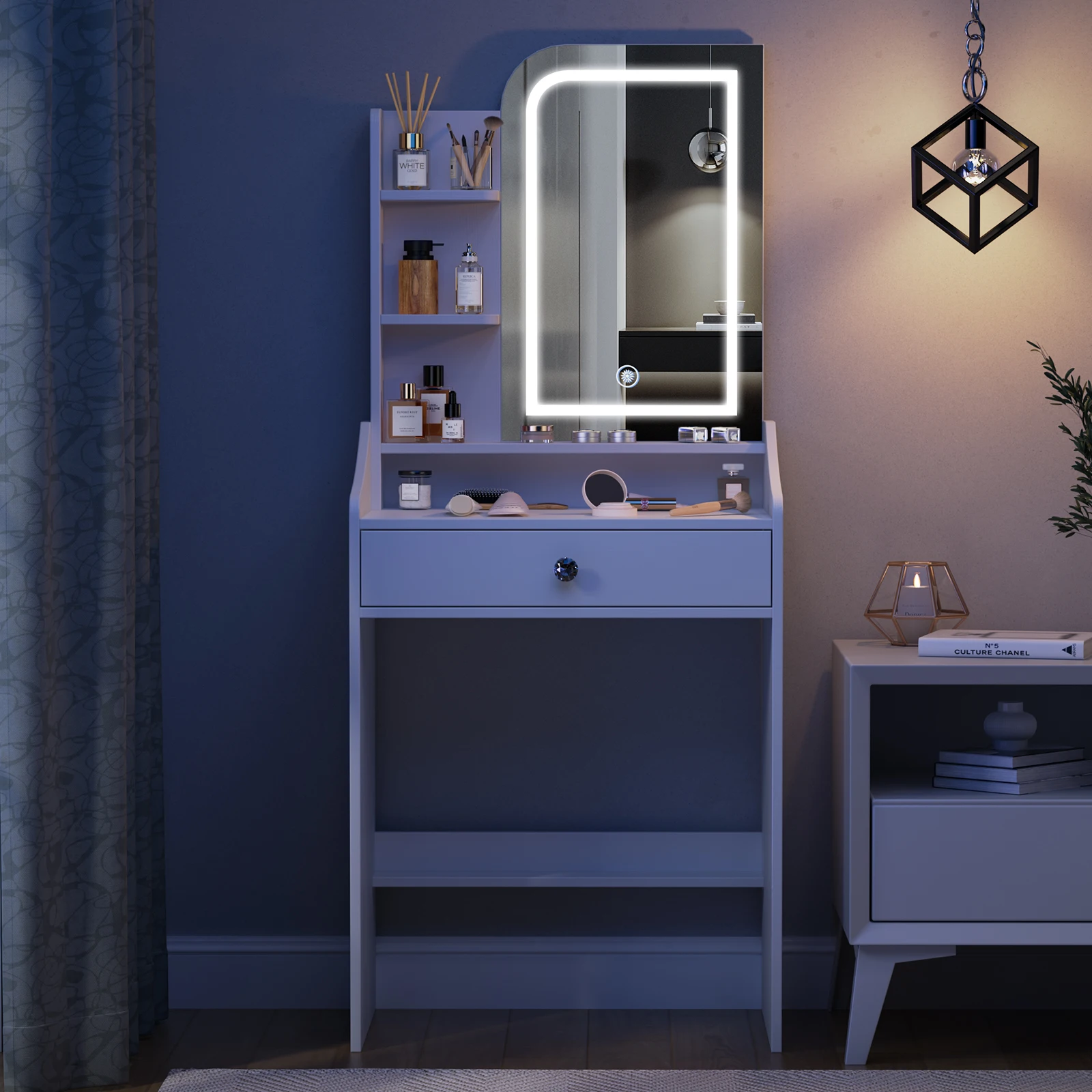 Teousev Black Modern Vanity Set with LED Bulbs Lighted Mirror, 1 Drawers, 3 Color Dimmable, Easy Assembly Bedroom Makeup Desk