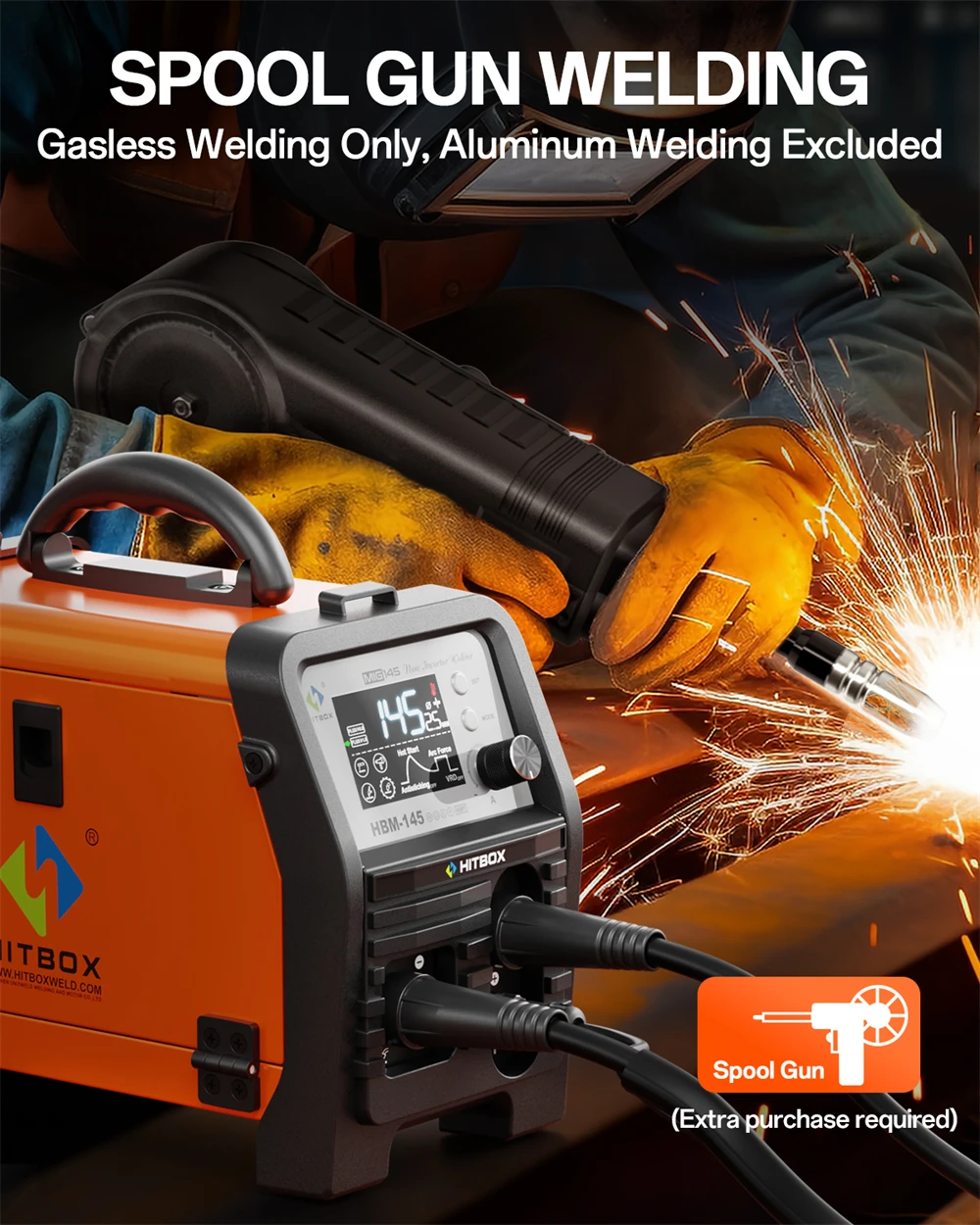 HITBOX 4 in 1 MIG Welder MMA/Gasless MIG/Lift TIG/Spool Gun Synergic Control Inverter Welder Large LED Display HBM145 AU Plug