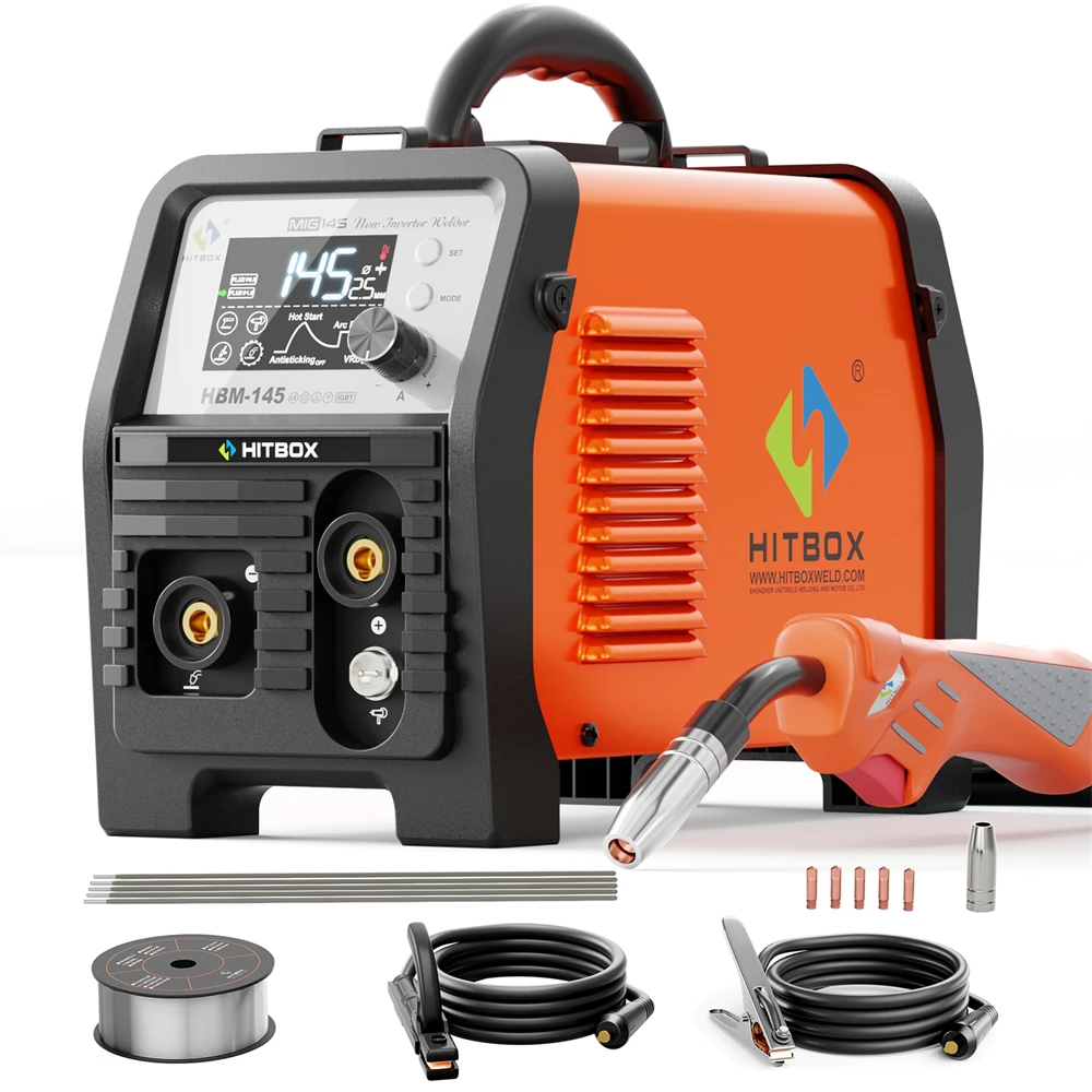 HITBOX 4 in 1 MIG Welder MMA/Gasless MIG/Lift TIG/Spool Gun Synergic Control Inverter Welder Large LED Display HBM145 AU Plug