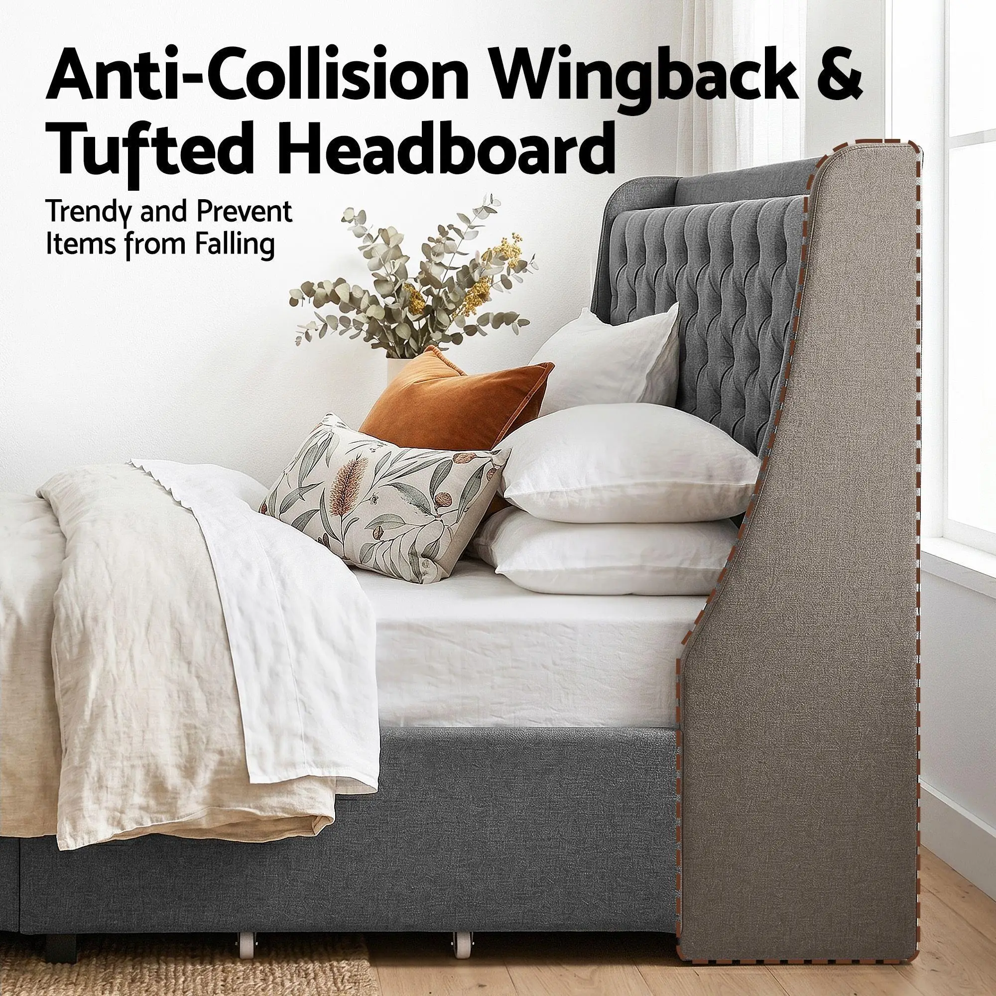 Double Bed Frame 4 Storage Drawers Charging Station Tufted Wingback Headboard Charcoal Grey 300kg Load