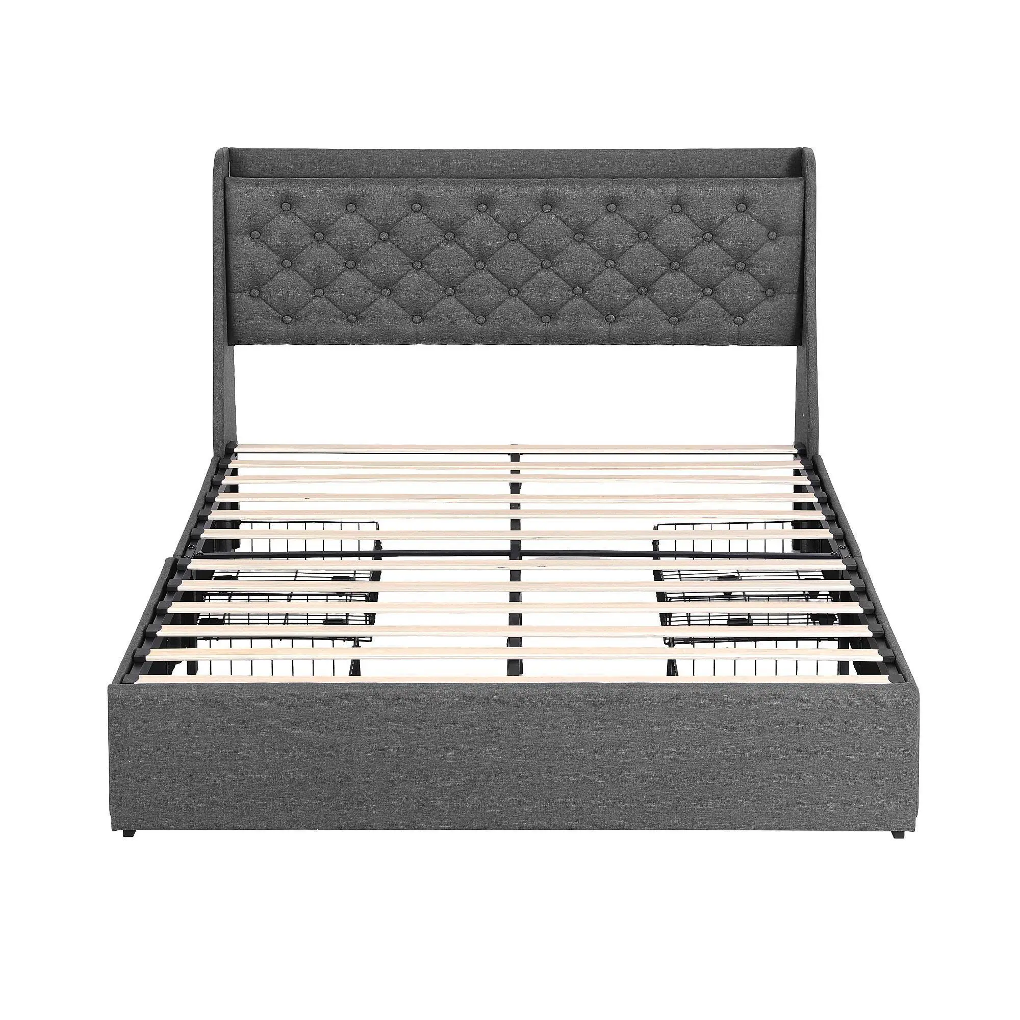 Double Bed Frame 4 Storage Drawers Charging Station Tufted Wingback Headboard Charcoal Grey 300kg Load