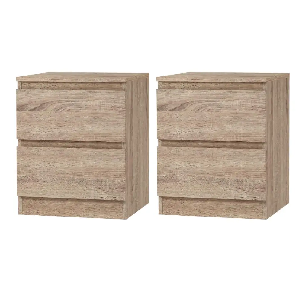 2 Piece Oak Bedside Table with 2 Drawers Modern Nightstand for Bedroom Storage Furniture