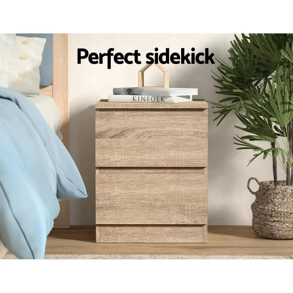 2 Piece Oak Bedside Table with 2 Drawers Modern Nightstand for Bedroom Storage Furniture