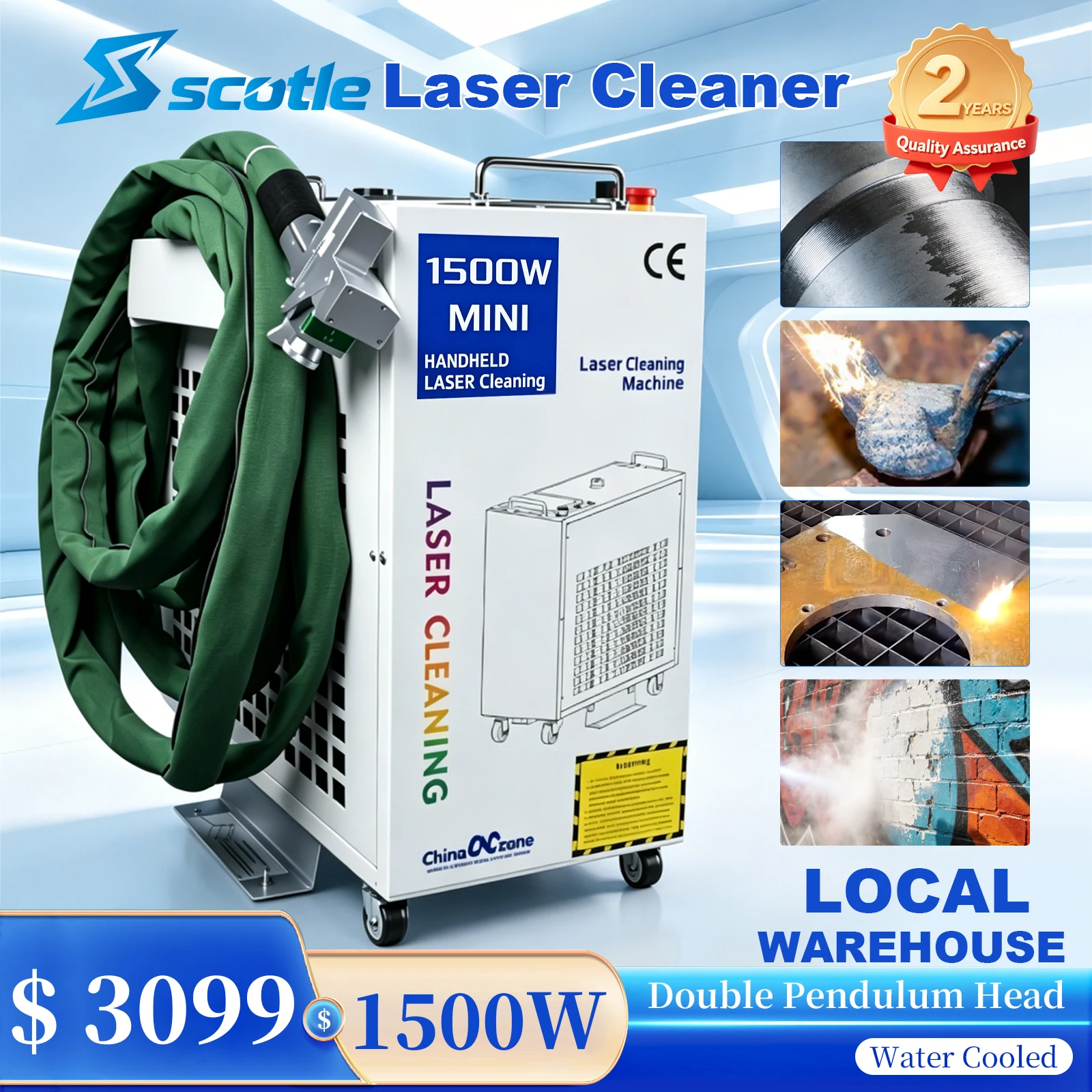 Laser Cleaning Machine 1500W Industrial Water Cooling Cleaner for Rust Remove Oil Paint Clean Width 300MM Double Pendulum Head