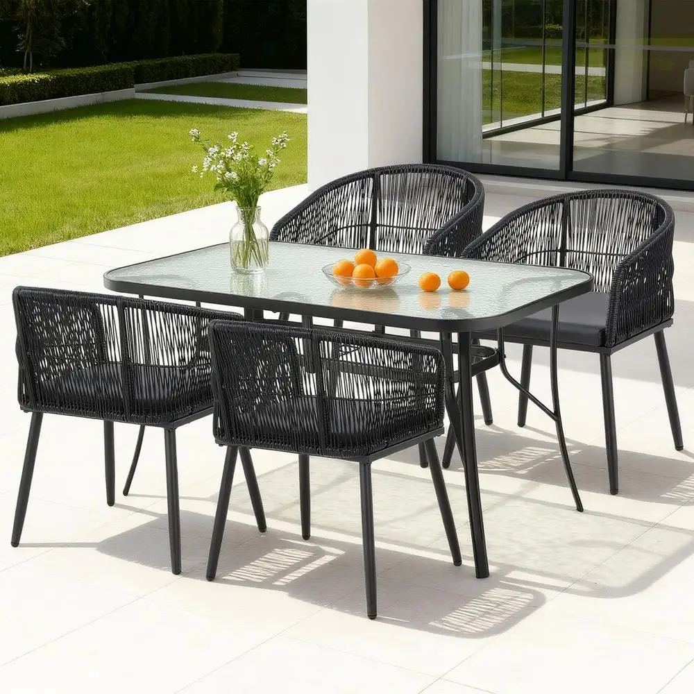 5 Piece Outdoor Dining Set Table and Chairs Patio Furniture Bistro Set Black Rattan Style Garden Use