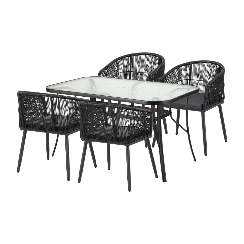 5 Piece Outdoor Dining Set Table and Chairs Patio Furniture Bistro Set Black Rattan Style Garden Use