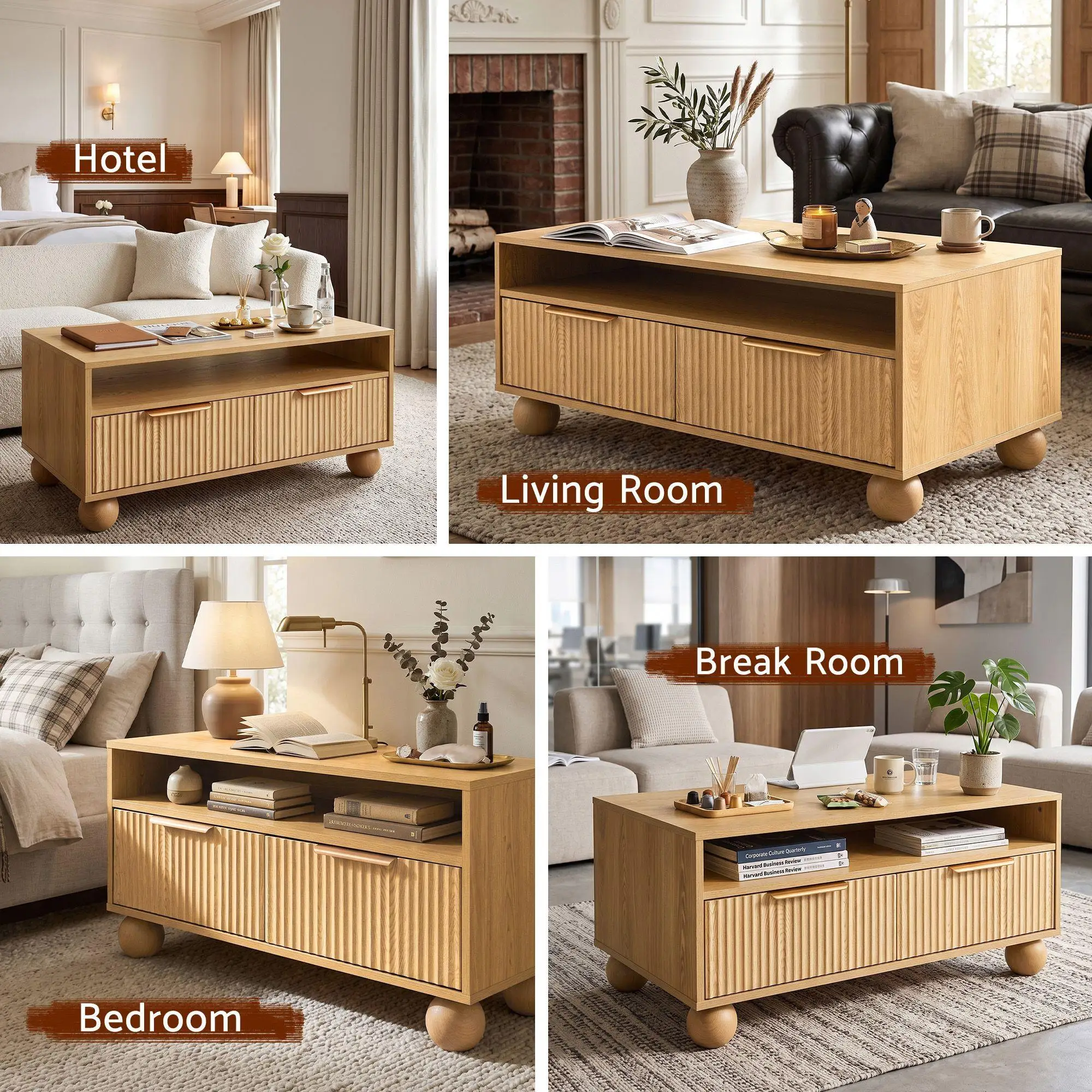 Wooden Fluted Coffee Table 90cm Center Table with Drawers Open Shelf and Spherical Solid Legs