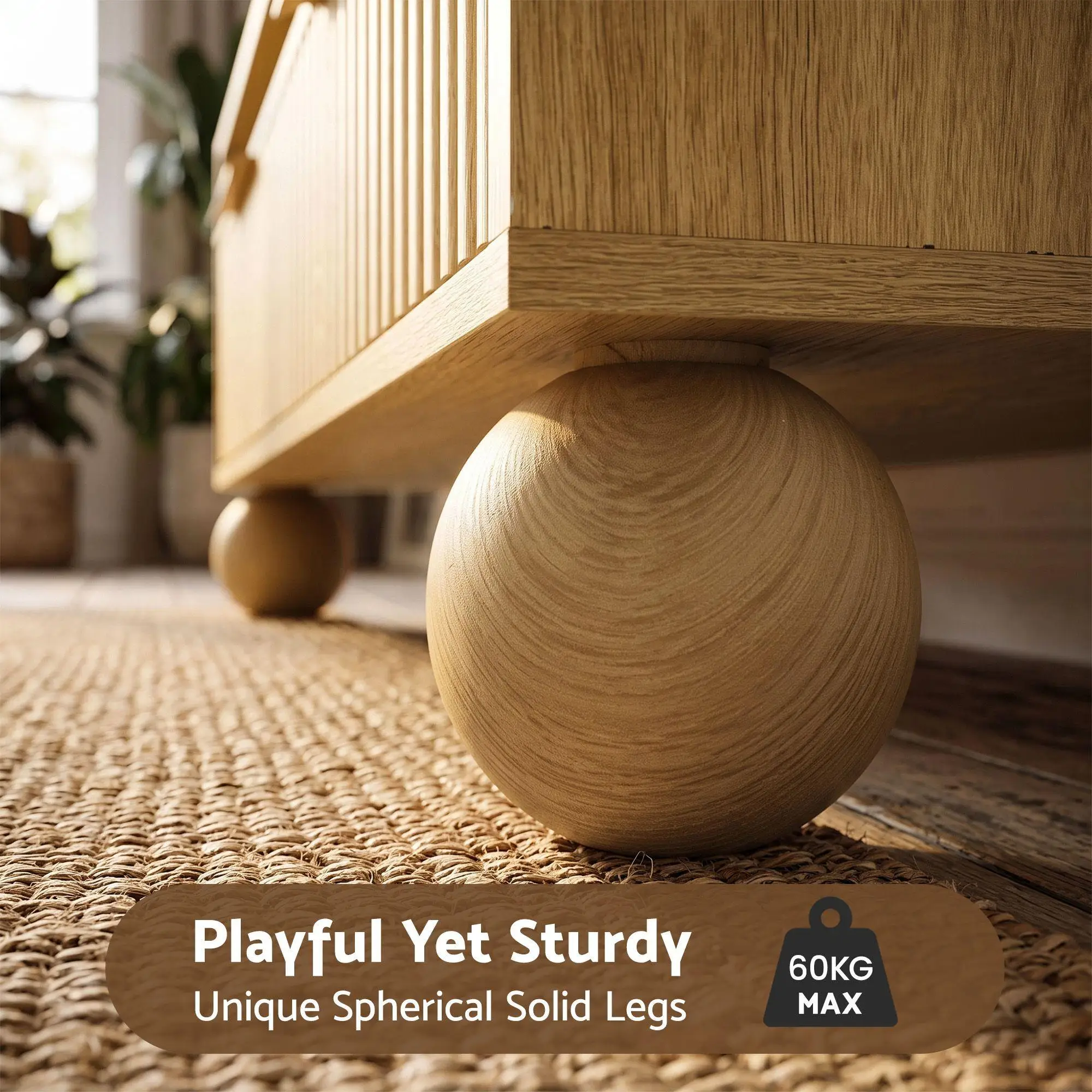 Wooden Fluted Coffee Table 90cm Center Table with Drawers Open Shelf and Spherical Solid Legs