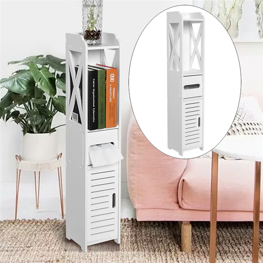 Bathroom Storage Cabinet White Wood Toilet Furniture Organizer with Shelf for Tissue Towel Bathroom Essentials 80x15.5x15CM