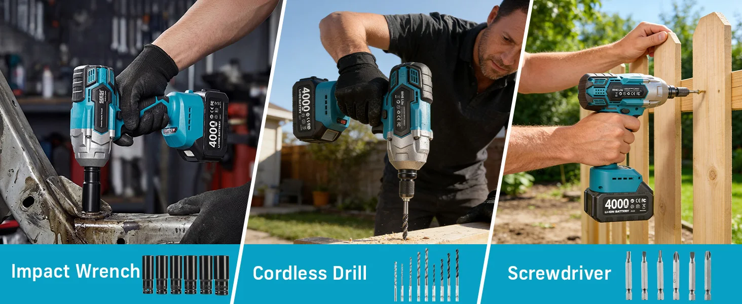 SEESII WH6 Lite 3-in-1 Impact Wrench & Electric Drill & Screwdriver 650N.m Cordless 1/2" Brushless Impact Gun Kit with 4.0ah Battery LED Light for Car Home