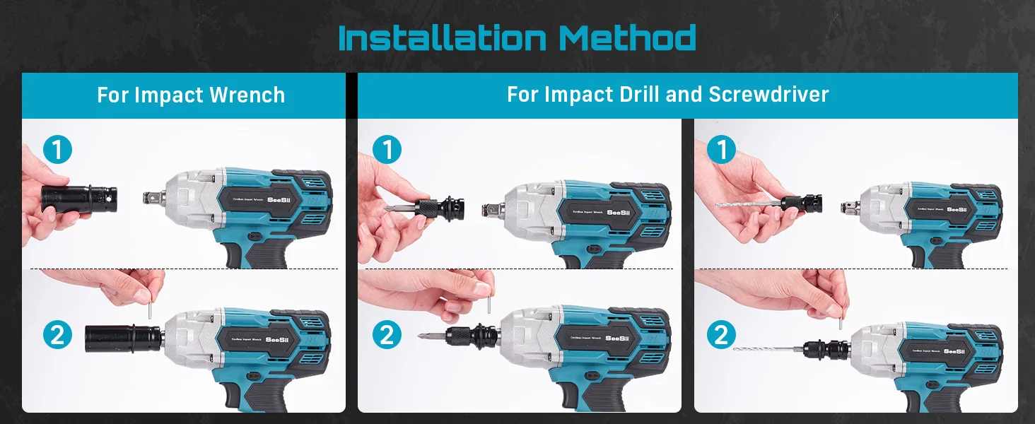 SEESII WH6 Lite 3-in-1 Impact Wrench & Electric Drill & Screwdriver 650N.m Cordless 1/2" Brushless Impact Gun Kit with 4.0ah Battery LED Light for Car Home