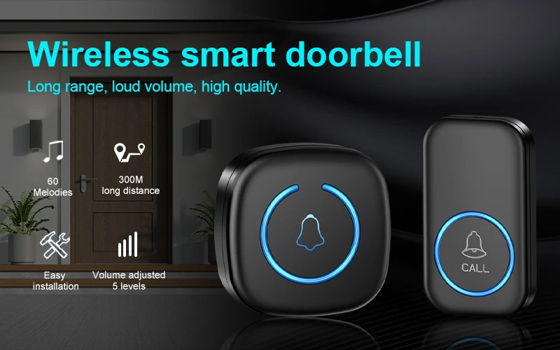 Wireless Doorbell Intelligent Welcome Door Bell 300M/984 FT Remote 60 Songs Melodies Home Smart Doorbell US EU UK Plug Optional