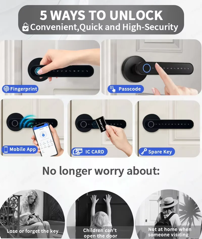 TTlock Smart Door Lock, 5-in-1 Fingerprint Recognition Lock, Anti-Peep Password IC Card APP Remote Unlock, 12 Months Standby Smart Home Security Lock for Home Airbnb Hotel