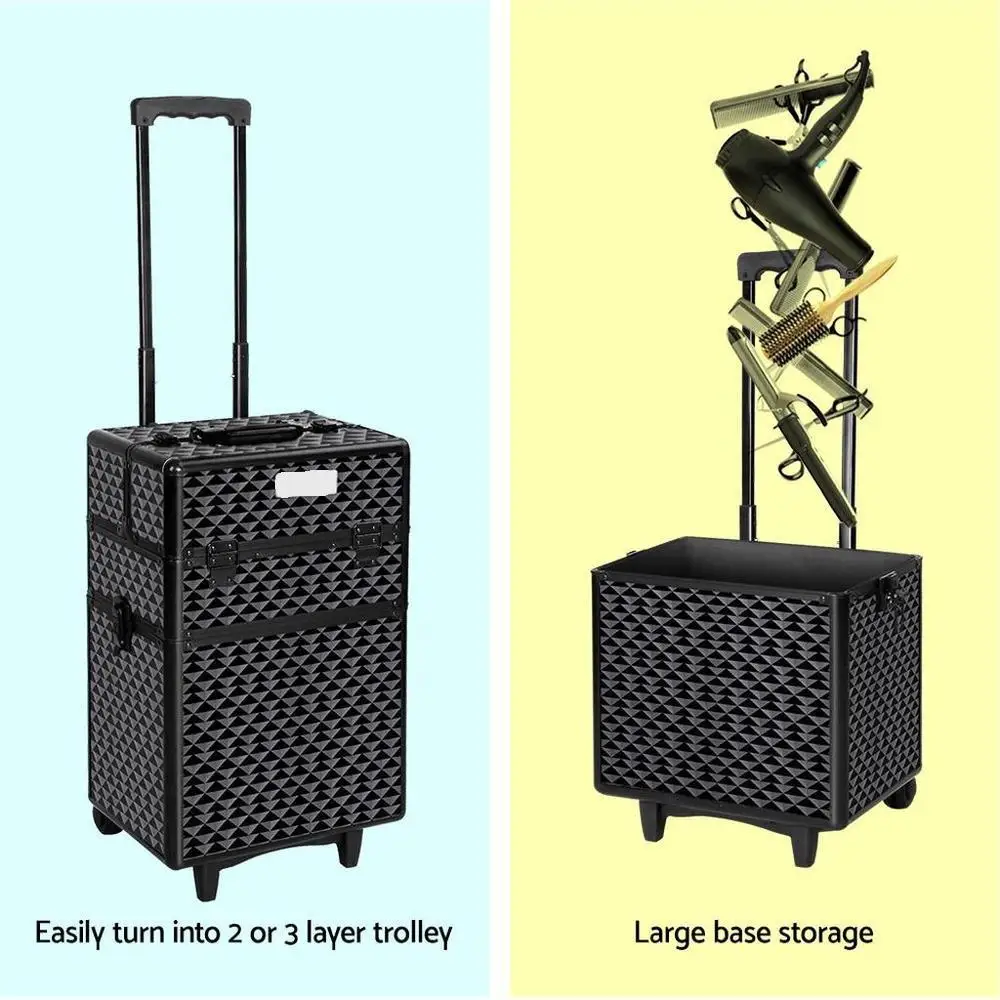 Travel Makeup Case Cosmetic Organizer Box with Wheels Diamond Design Portable Beauty Trolley Storage Bag for Travel and Home Use