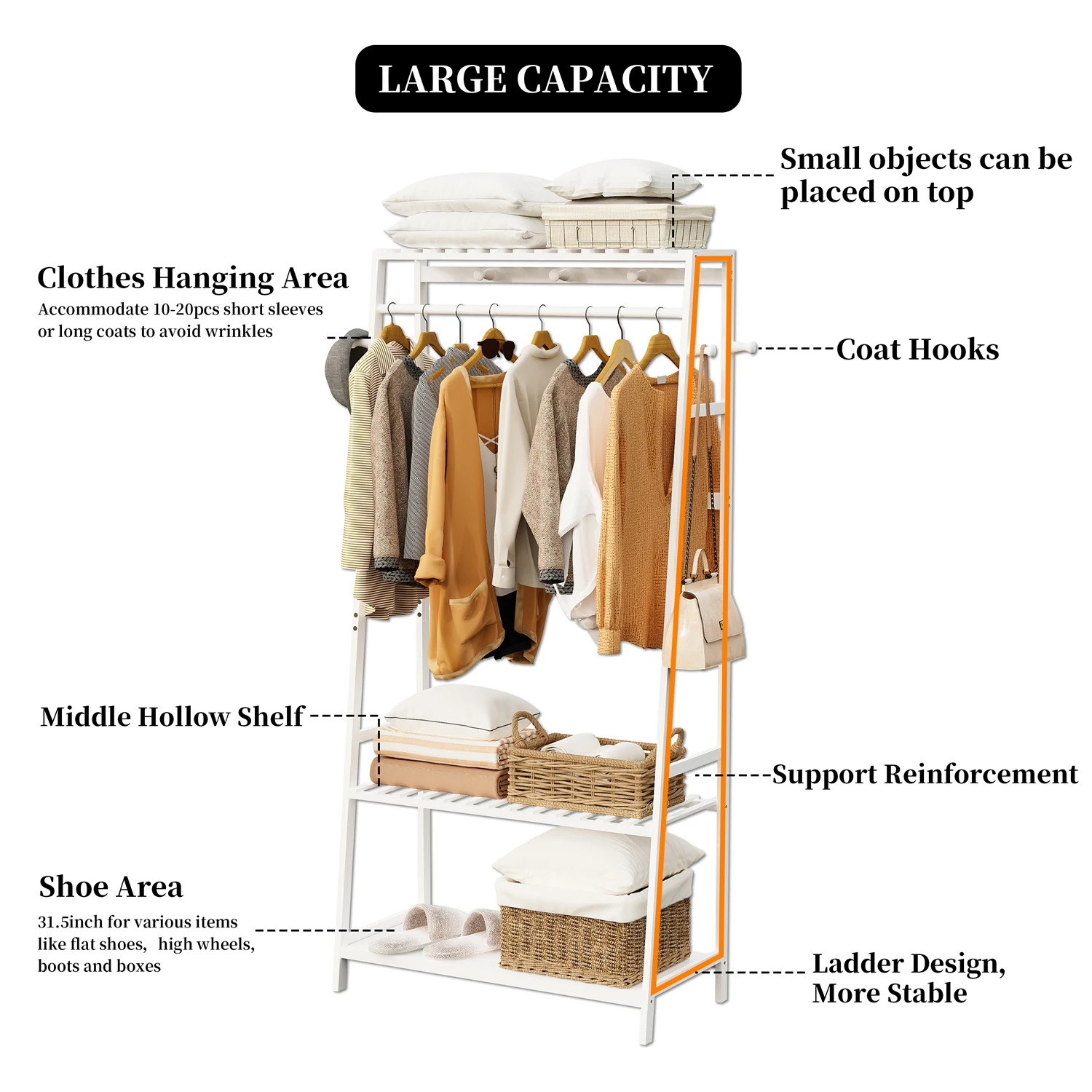 Heavy Duty Free Standing Bamboo Garment Rack with Storage Shelves And Hooks Clothes Hanging Stand Organizer for Home