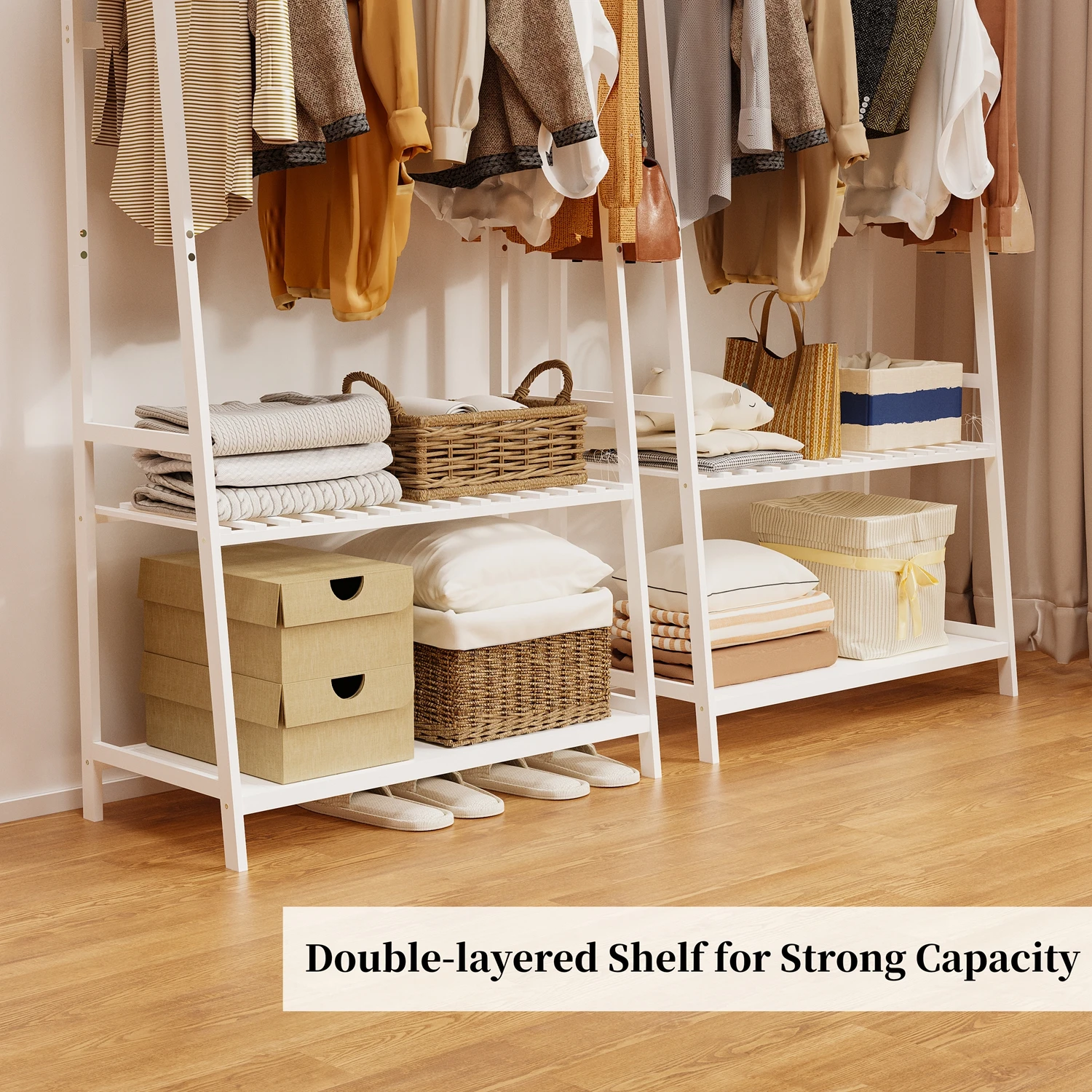 Heavy Duty Free Standing Bamboo Garment Rack with Storage Shelves And Hooks Clothes Hanging Stand Organizer for Home
