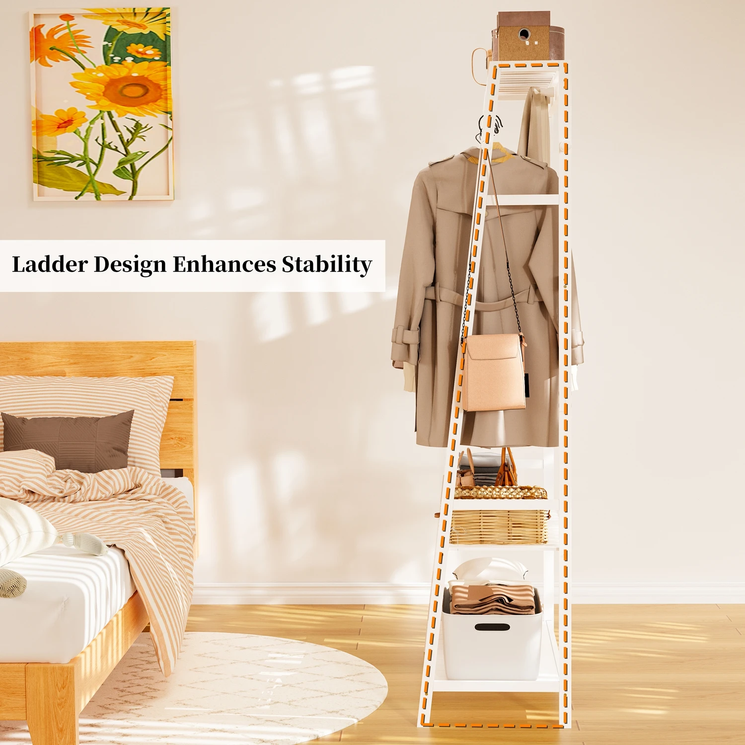 Heavy Duty Free Standing Bamboo Garment Rack with Storage Shelves And Hooks Clothes Hanging Stand Organizer for Home