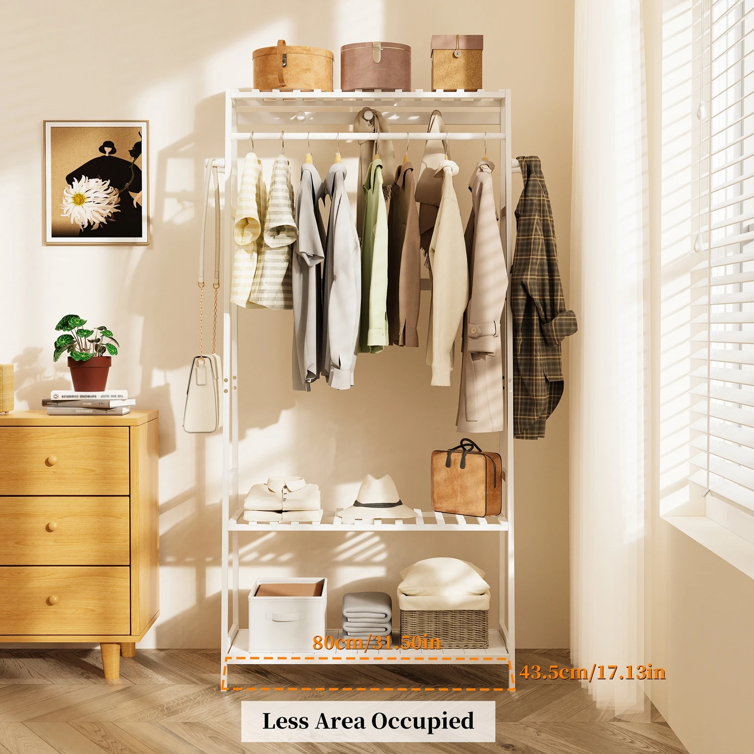 Heavy Duty Free Standing Bamboo Garment Rack with Storage Shelves And Hooks Clothes Hanging Stand Organizer for Home