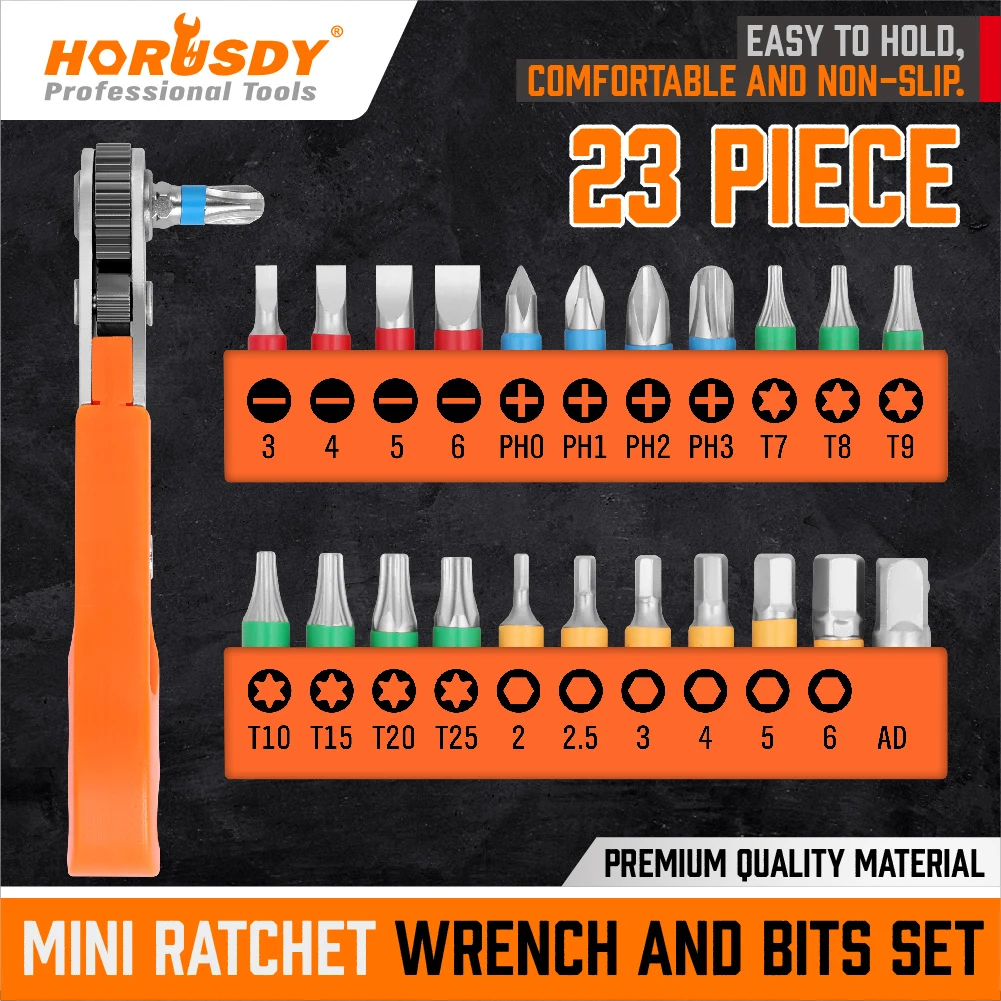 HORUSDY 23Pc Mini Offset Ratchet Screwdriver Hex Torx Bit Quick Change Reversible Wrench