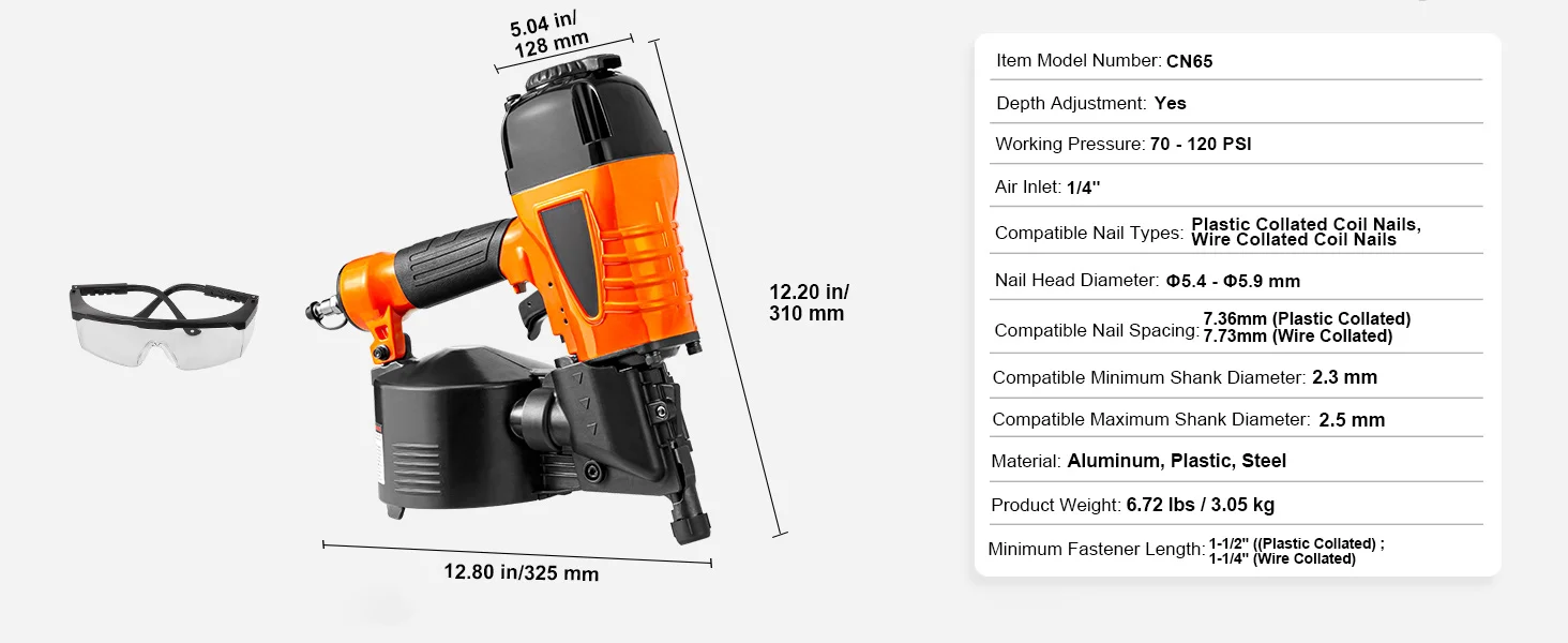 SucceBuy Coil Siding Nailer CN65 CN55 CN70 CN83 CN90 Pneumatic Siding Nail Gun Pallet Making Coil Nailer 70-120PSI Air Nailer