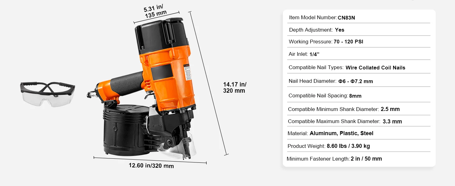 SucceBuy Coil Siding Nailer CN65 CN55 CN70 CN83 CN90 Pneumatic Siding Nail Gun Pallet Making Coil Nailer 70-120PSI Air Nailer