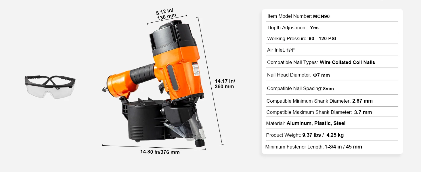 SucceBuy Coil Siding Nailer CN65 CN55 CN70 CN83 CN90 Pneumatic Siding Nail Gun Pallet Making Coil Nailer 70-120PSI Air Nailer