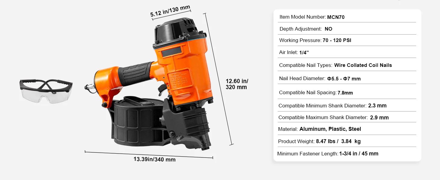 SucceBuy Coil Siding Nailer CN65 CN55 CN70 CN83 CN90 Pneumatic Siding Nail Gun Pallet Making Coil Nailer 70-120PSI Air Nailer