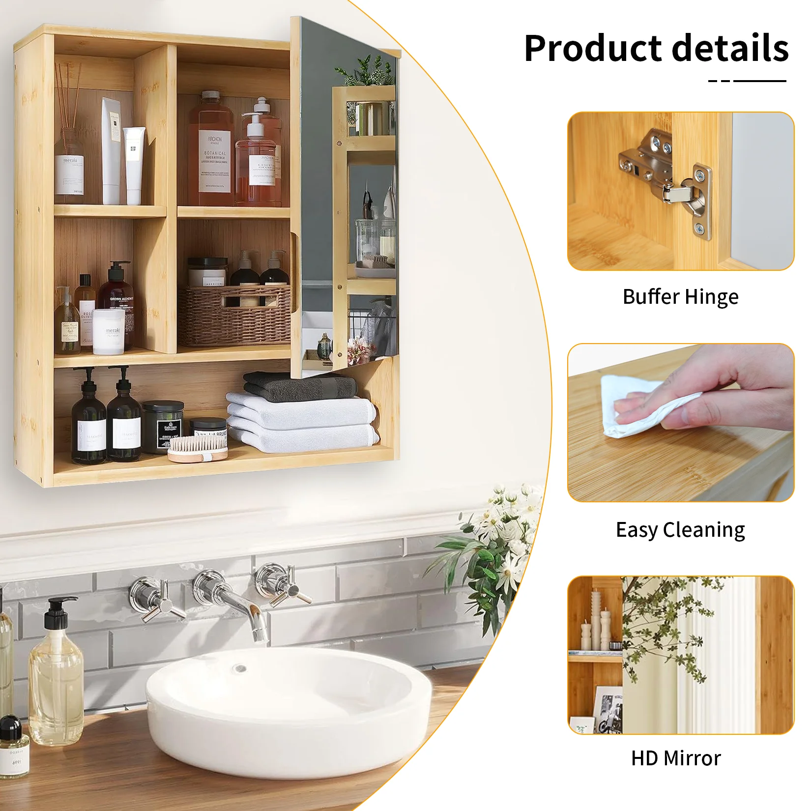 Wall Mounted Medicine Cabinet with Mirror, Natural Bamboo Bathroom Storage Cabinet, Adjustable Shelves for Bathroom, Bedroom
