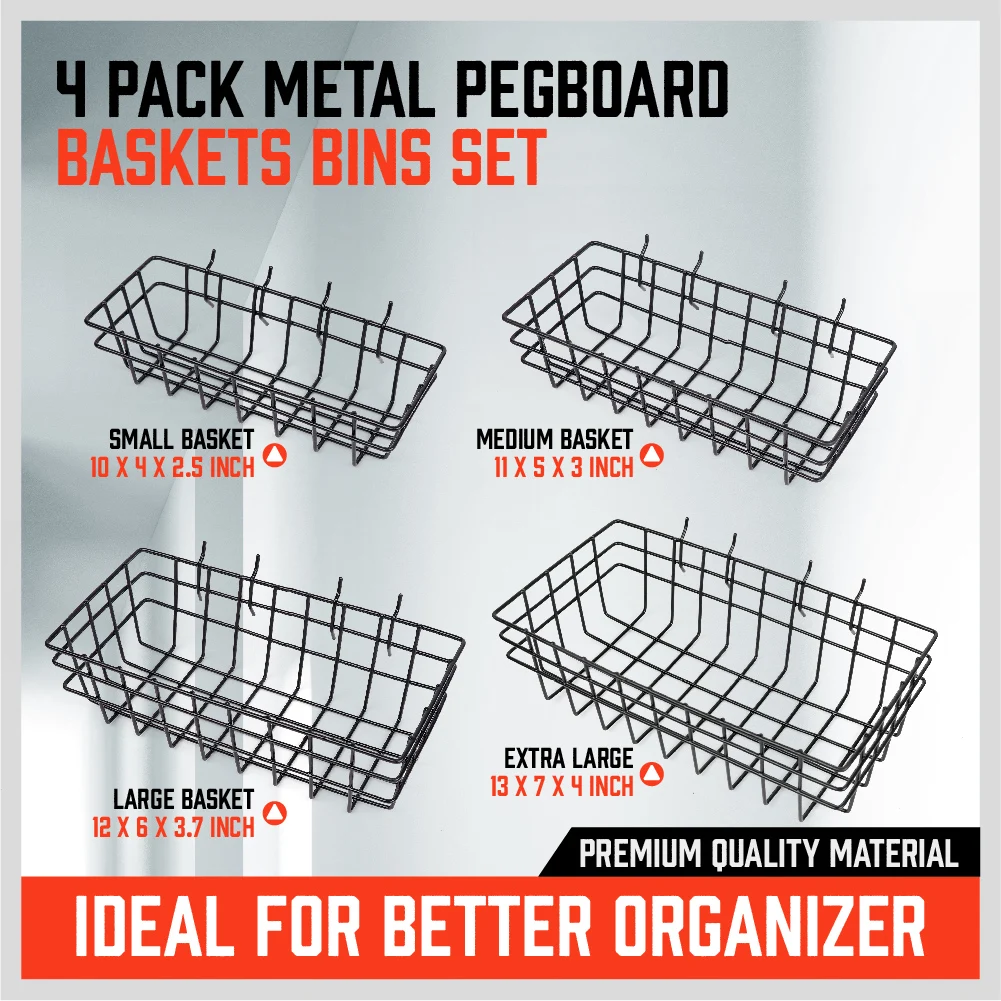 HORUSDY Peg Board Bins and Baskets | 4 Pack | Square Style 4 Size Pegboard Baskets and Pegboard Bins for Organize Workbenches,