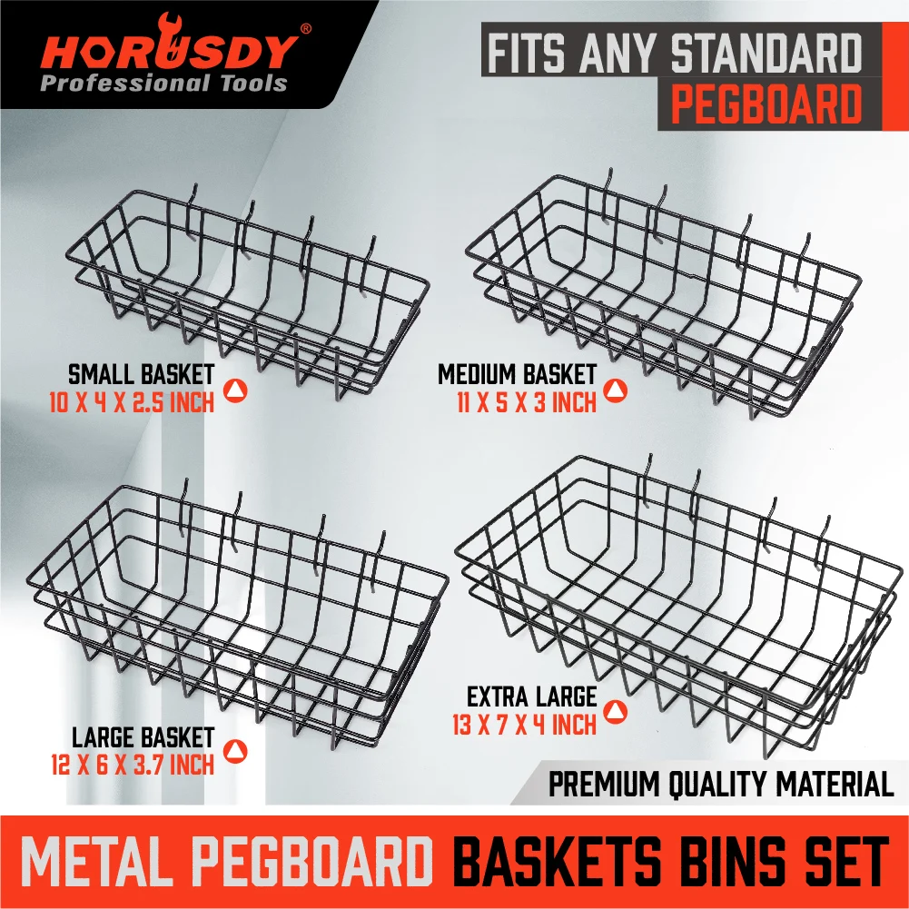 HORUSDY Peg Board Bins and Baskets | 4 Pack | Square Style 4 Size Pegboard Baskets and Pegboard Bins for Organize Workbenches,