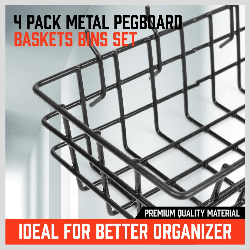 HORUSDY Peg Board Bins and Baskets | 4 Pack | Square Style 4 Size Pegboard Baskets and Pegboard Bins for Organize Workbenches,