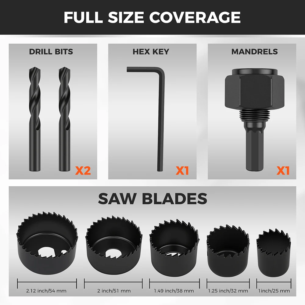 HORUSDY 8-Pieces Hole Saw Kit 25-54mm Drill Bits Hex Key Plywood PVC Board Soft Wood Au