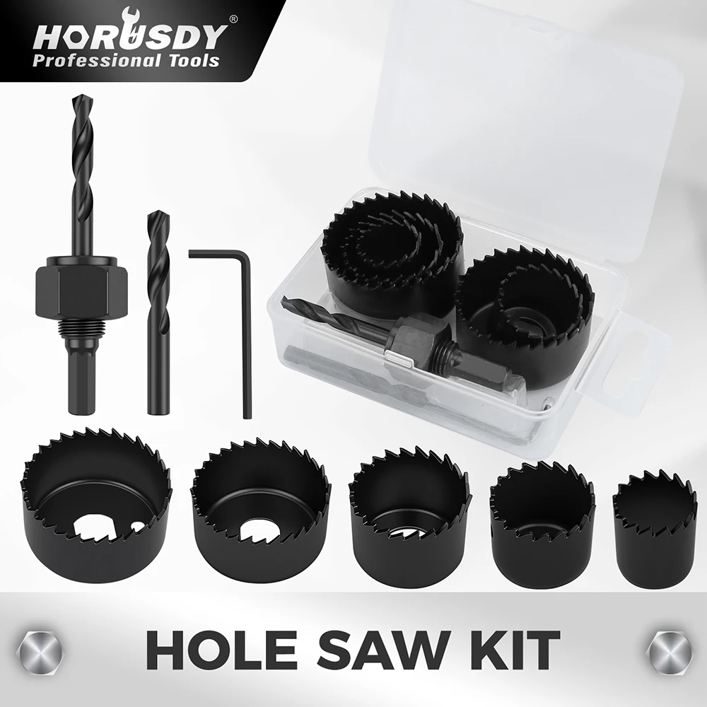 HORUSDY 8-Pieces Hole Saw Kit 25-54mm Drill Bits Hex Key Plywood PVC Board Soft Wood Au