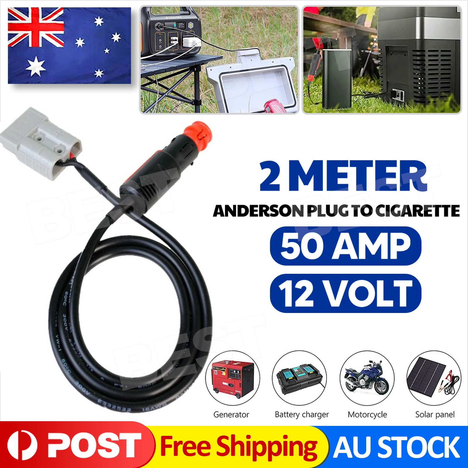 50 Amp Anderson Plug to Merit Cigarette Plug Adapter 2m