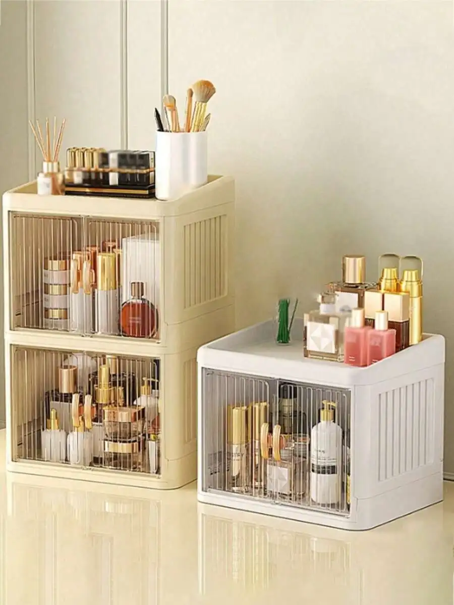 1pc Multi-Functional Assembled Foldable Desktop Double-Door Cosmetics Storage Box, Large Capacity Waterproof Dustproof Plastic