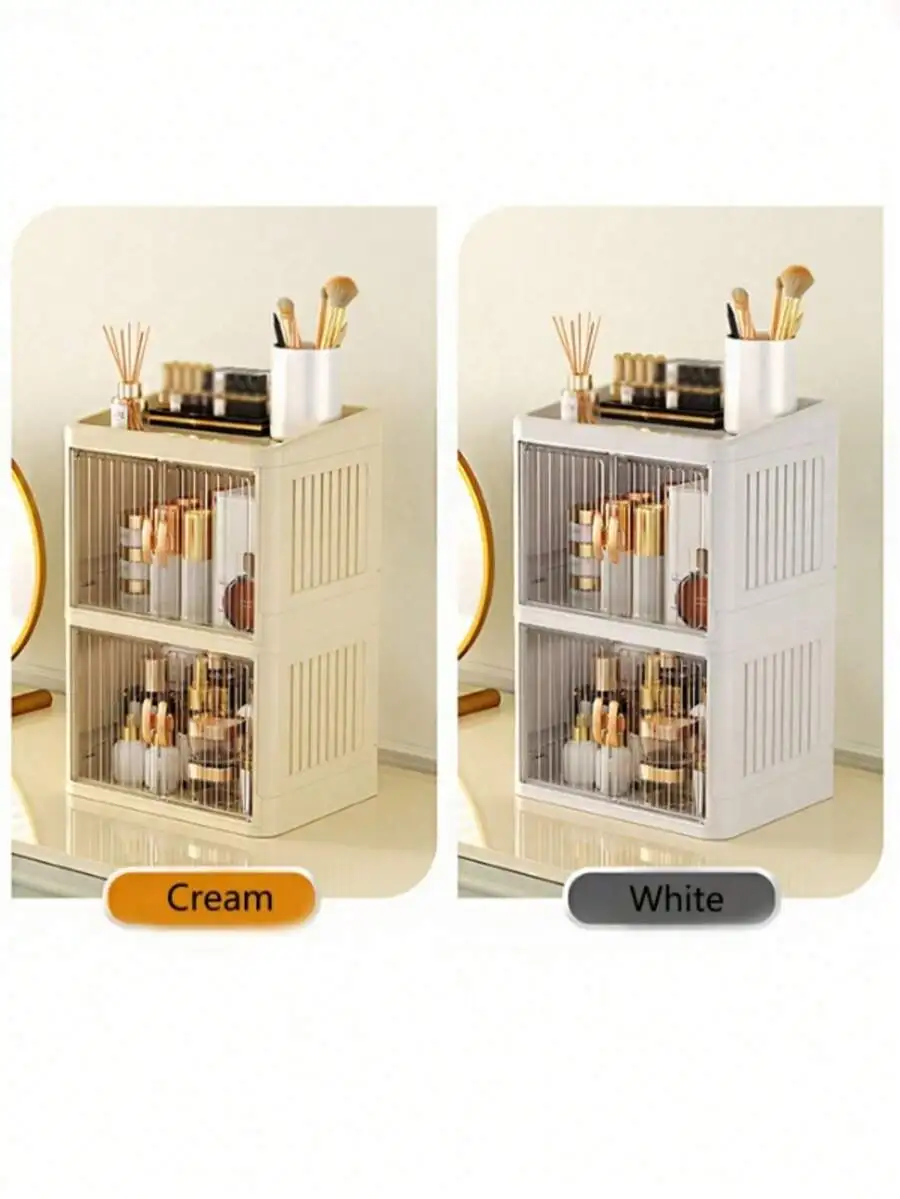 1pc Multi-Functional Assembled Foldable Desktop Double-Door Cosmetics Storage Box, Large Capacity Waterproof Dustproof Plastic