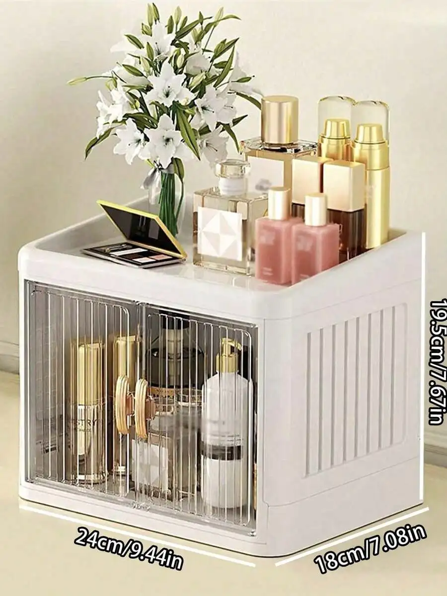 1pc Multi-Functional Assembled Foldable Desktop Double-Door Cosmetics Storage Box, Large Capacity Waterproof Dustproof Plastic
