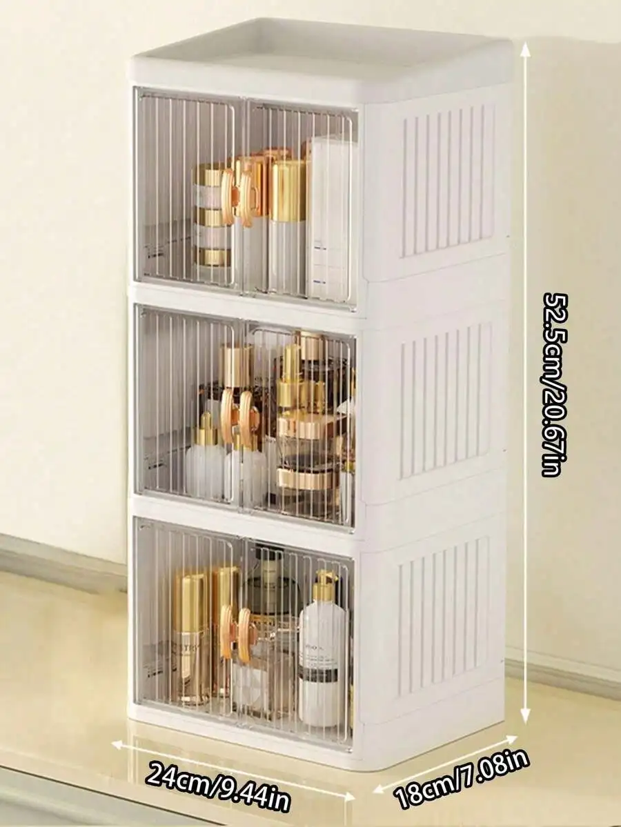 1pc Multi-Functional Assembled Foldable Desktop Double-Door Cosmetics Storage Box, Large Capacity Waterproof Dustproof Plastic