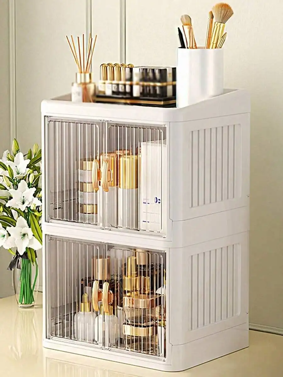 1pc Multi-Functional Assembled Foldable Desktop Double-Door Cosmetics Storage Box, Large Capacity Waterproof Dustproof Plastic