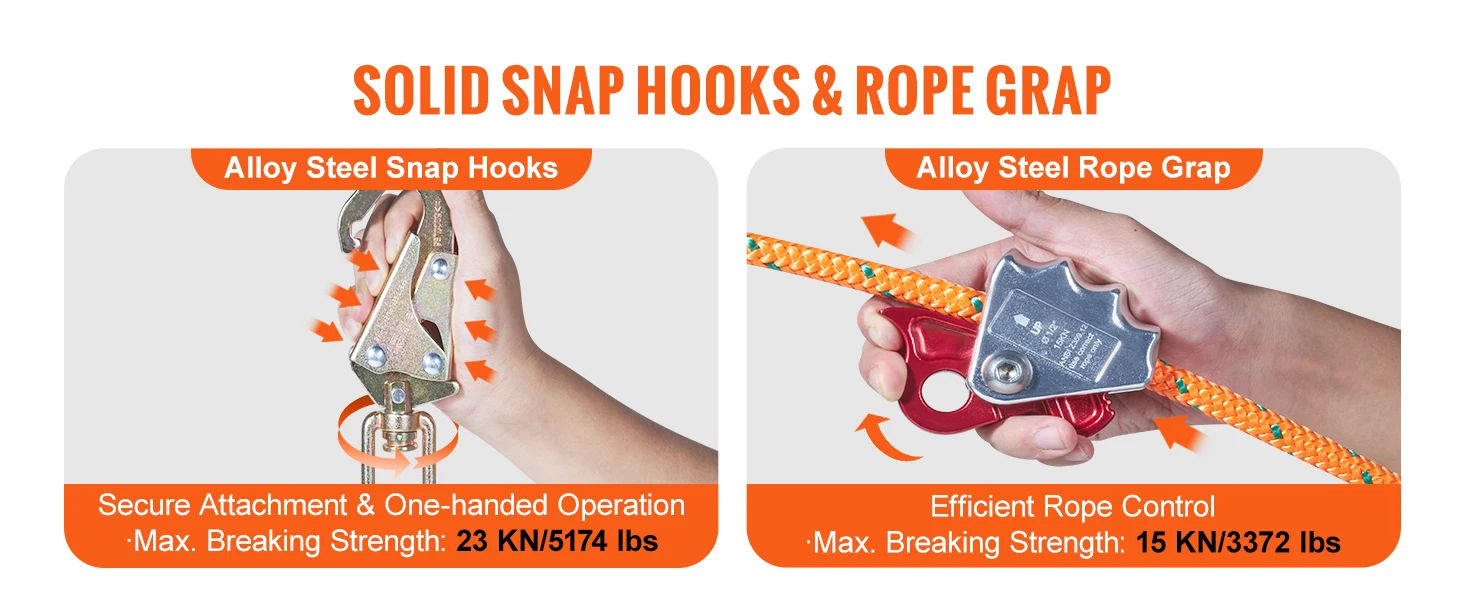 SucceBuy Steel Wire Core Flip Line Kit25KN Breaking Tension Solid Snap Hooks & Rope Grap for Arborists Tree Climbers Outdoors
